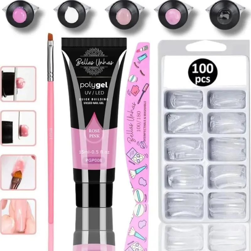 10x Kit Unha Gel Polygel Poligel Unhas Molde F1 + Lixa + Pi