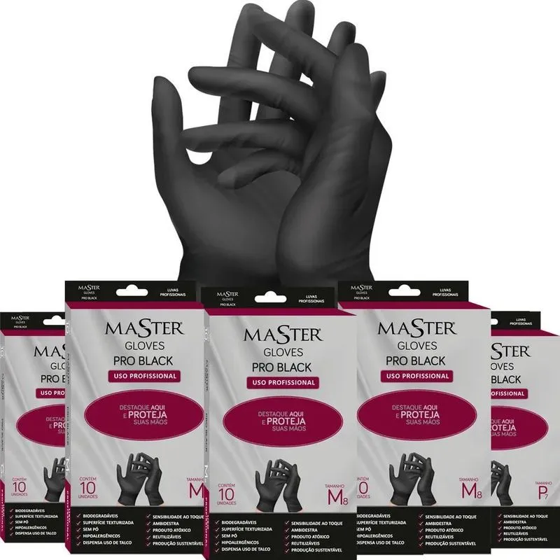 10x Luvas Em Látex Master Gloves Pro Black 10 Unidades Taman