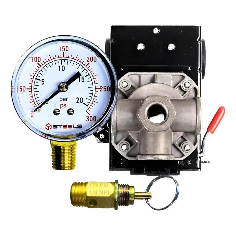 Kit Com Pressostato 125/175 Psi 4 Vias + Válvula E Manômetro