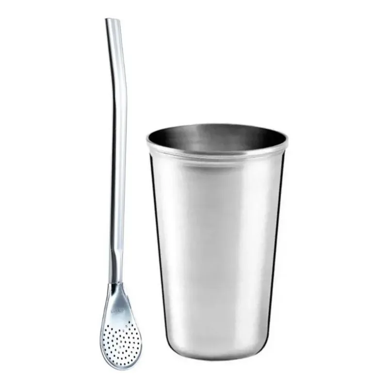 2x Kit 1 Cuia Copo Inox 200ml 1 Bomba Lisa Prática Erva Tere