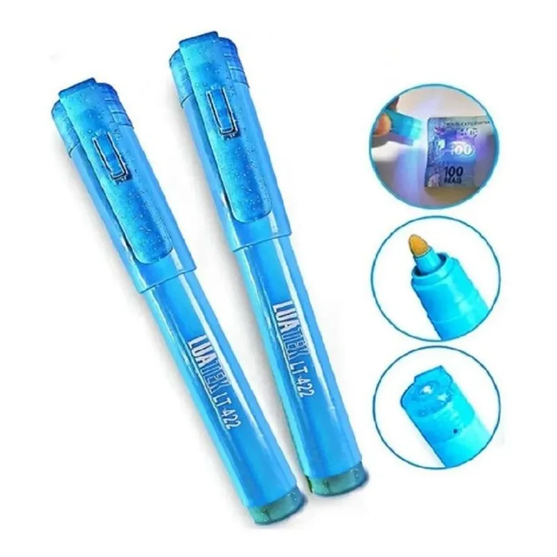 5x Kit 2 Canetas Detecta Dinheiro Falso Nota Falsa Violeta
