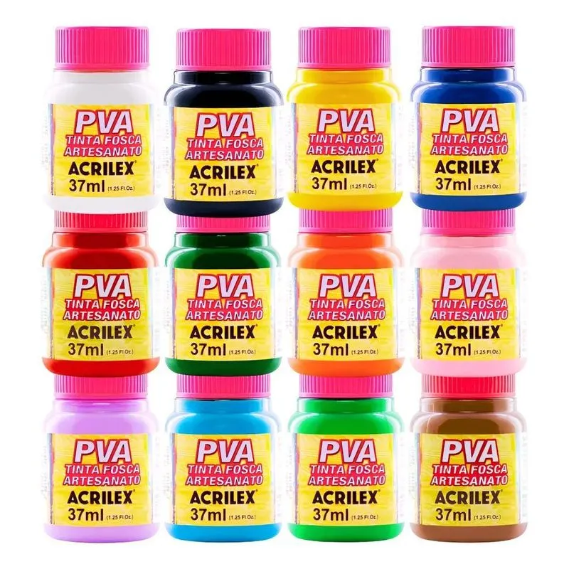 Kit Tinta Pva Fosca 37ml 12 Cores Acrilex Artesanato Colori