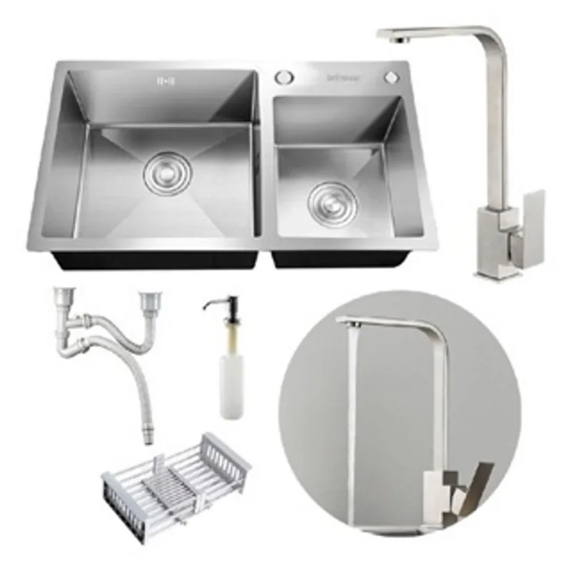 Kit Cuba Dupla Pia Cozinha Gourmet Completa Com Acessórios E Torneira Slim Em L Aço Inox Prata Brinovar