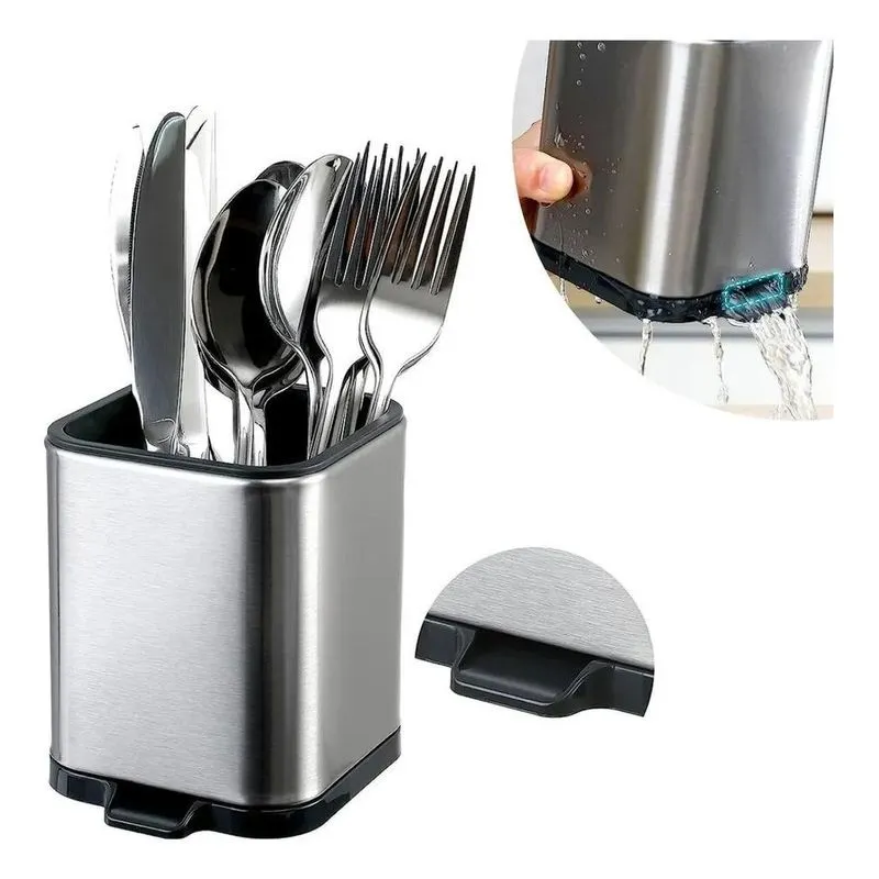3x Porta Talher Inox Sistema Drenagem Água Bancada Pia Cozin
