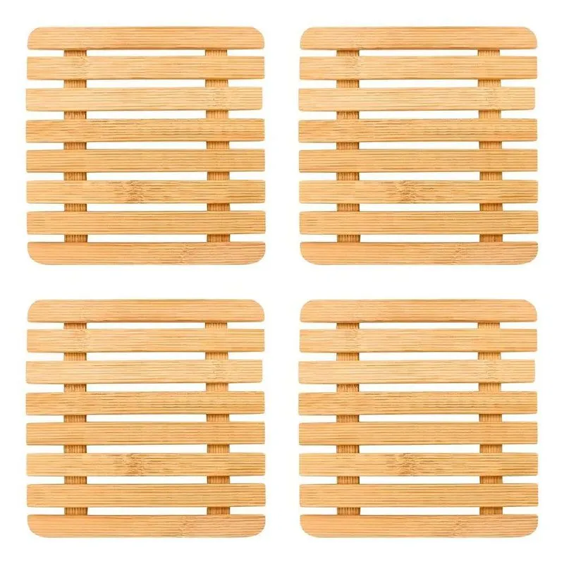 5x Kit 4 Descanso De Panela De Bambu Quadrado De Mesa Cozinh