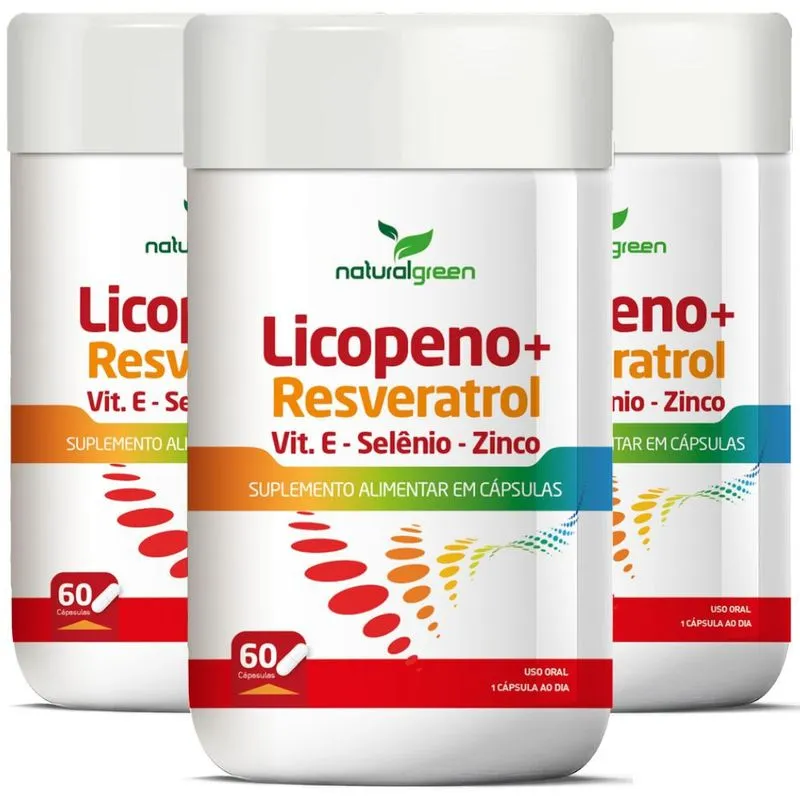 Kit 3 Potes Resveratrol Licopeno Vitamina E Zinco Selênio 60 caps