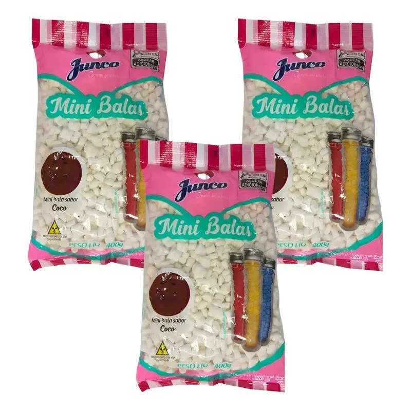 5x 3 Pacotes Mini Bala De Coco 400g Junco Sabores Decoraçã
