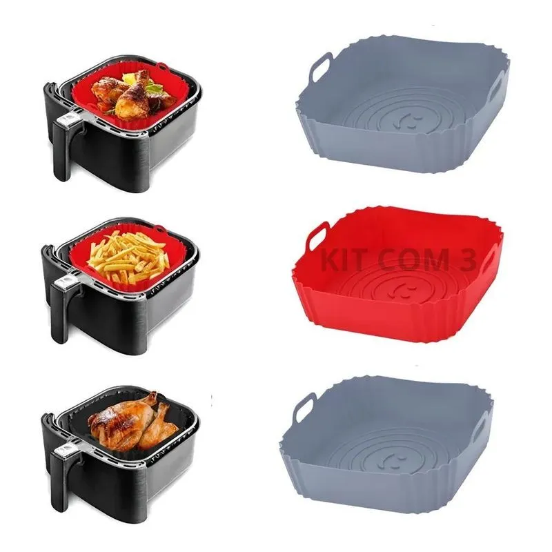 03 Formas Silicone Retangular Reutilizavel Air Fryer Limpo C