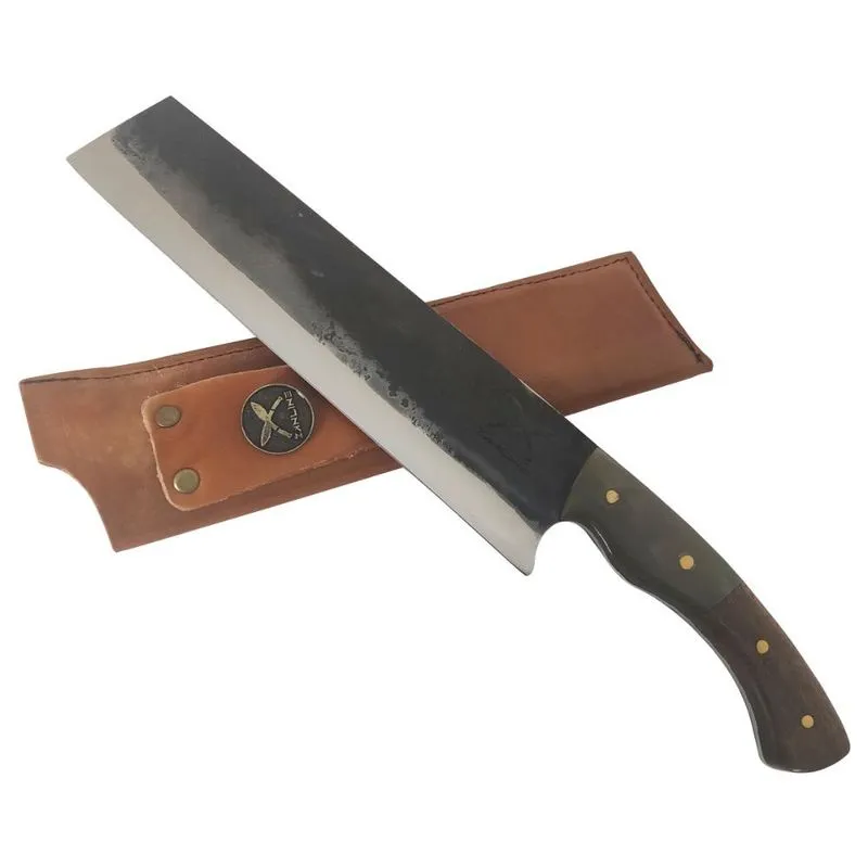 Faca Santoku 8 Aço Inox 420c Brut Forge 3mm Cabo em Chifre e Madeira com Bainha de Couro