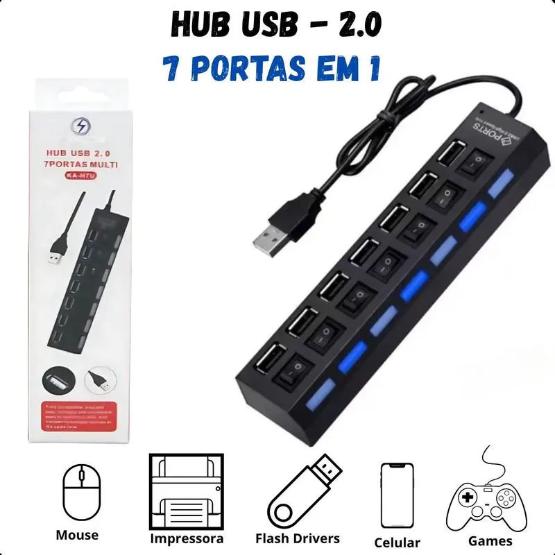 Hub Usb 7 Portas E Led Indicador Visibilidade E Organização