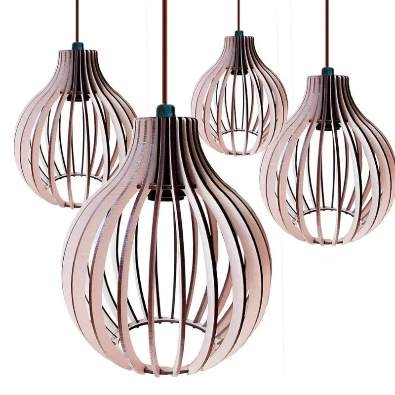 Kit 4 Lustre Moderno Luminária Pendente Madeira Área Lazer