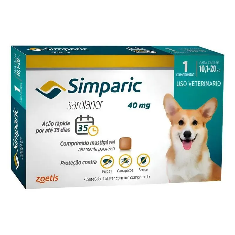 Simparic Zoetis 40 Mg 10,1 A 20 Kg 1 Unidade