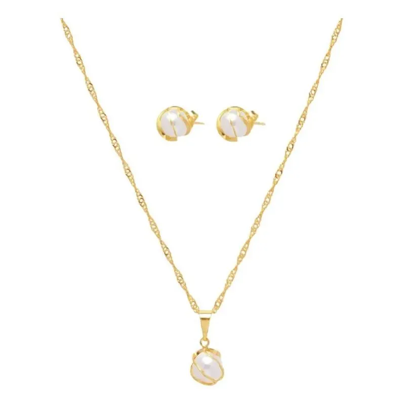 5x Conjunto Colar E Brinco Pérola Folheado A Ouro Cor Dourad