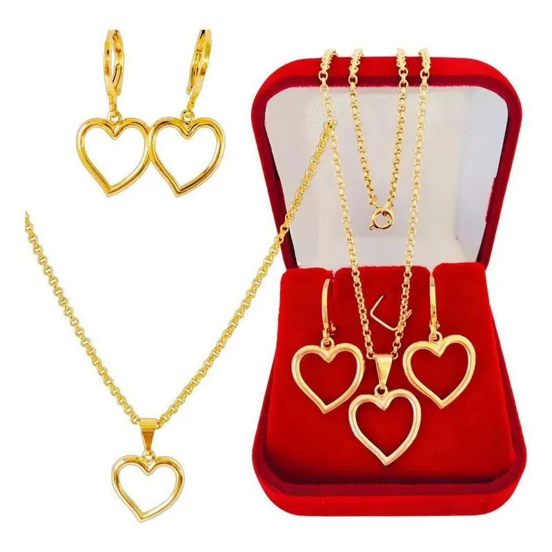 5x Conjunto Corações Vazado Brinco E Colar Folheado A Ouro 1