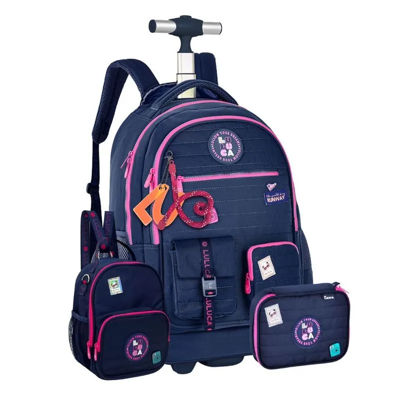 Kit Mochila de Rodas Luluca Lancheira Transversal Estojo Box