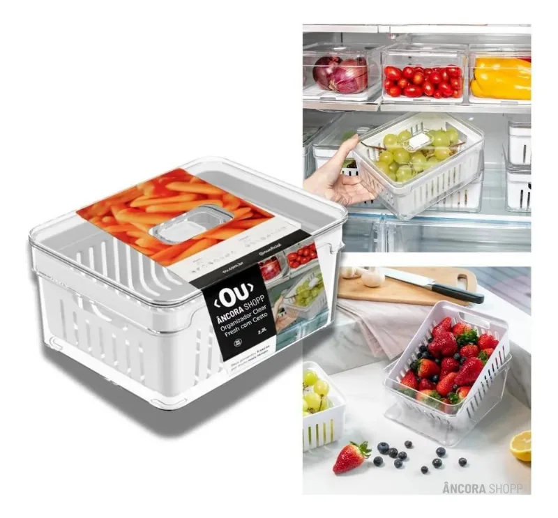 3x Organizador Geladeira Tampa Acrílico Drenagem Frutas Legu