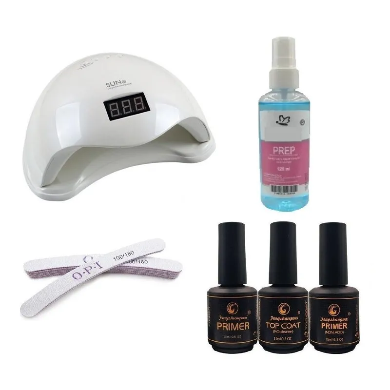 Kit Para Unhas Iniciantes Primer Top Coat Lixas Cabine 48W