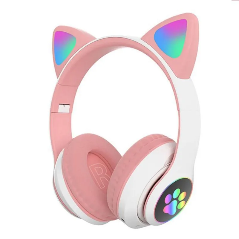 Headphone Orelha De Gato Led Bluetooth USB Rosa