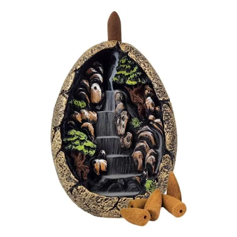 Incensário Cascata Cachoeira Oval Pedra Com 12 Dourado-escu