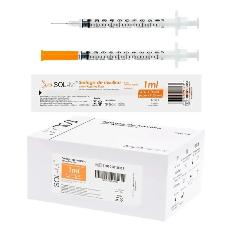 2x Seringa De 1ml C Agulha Fixa 0,25mm X 6mm Caixa 100 Unida