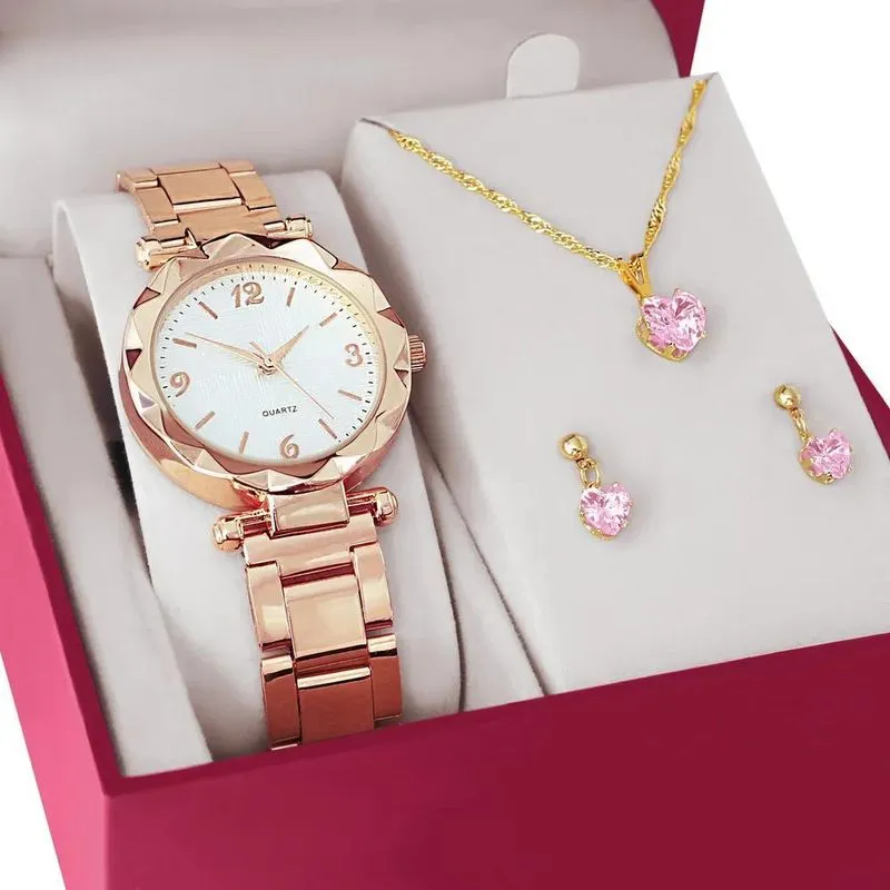 Relógio Feminino + Kit Colar Brincos Fol Rosê / Kit Rosa