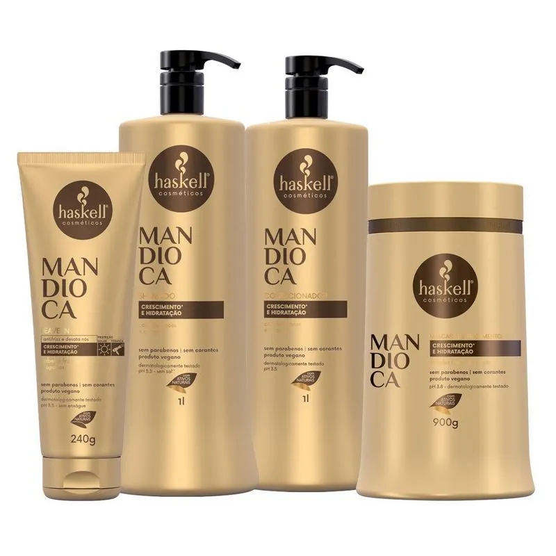 Kit Shampoo+Condicionador Crescimento&Hidratação 1L+1L+900g+240g Haskell Mandioca opacos e ressecados Kit Haskell Mandioca Crescimento 1L Sh Cond Masc Leave