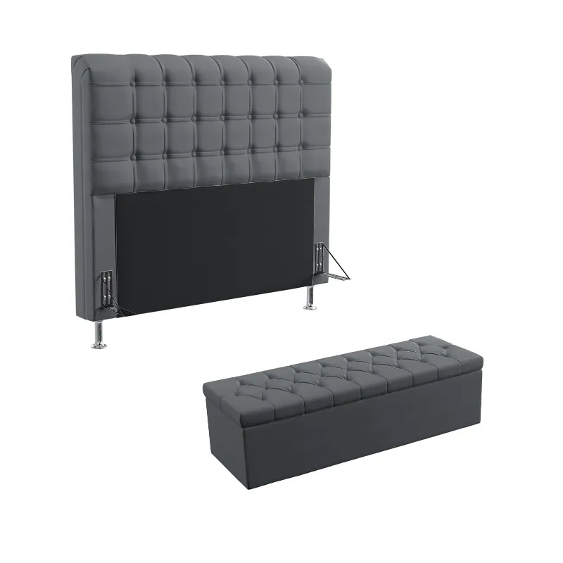 Kit Cabeceira Estofada Para Cama Box Rana 195 Para Cama King e Calçadeira Sagitarius Sued Cinza Aradecor