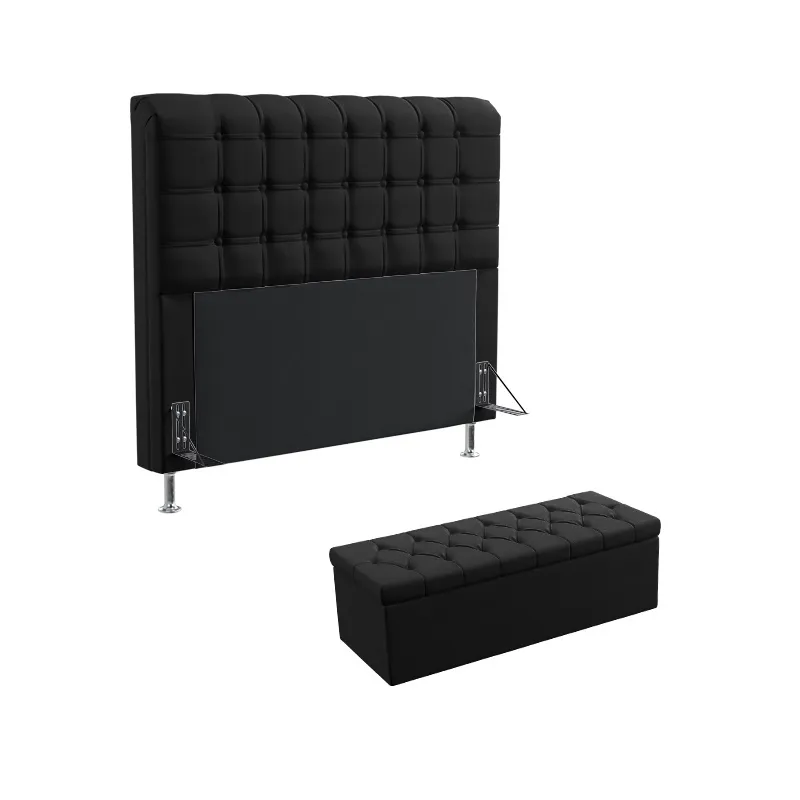 Kit Cabeceira Estofada Decorativa Para Cama Box Rana 160 Para Cama Queen e Calçadeira Sagitarius Sued Preto Aradecor