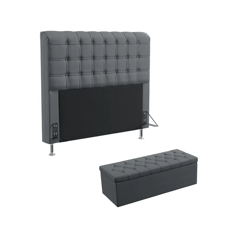 Kit Cabeceira Estofada Decorativa Para Cama Box Rana 160 Para Cama Queen e Calçadeira Sagitarius Sued Cinza Aradecor