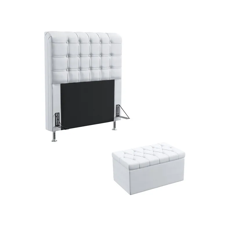 Kit Cabeceira Estofada Dama 90 Para Cama de Solteiro e Calçadeira Sagitarius Couro Branco Aradecor