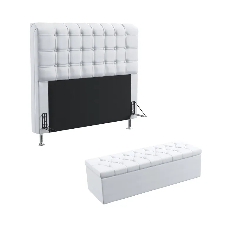 Kit Cabeceira Estofada Dama 195 Para Cama King e Calçadeira Sagitarius Couro Artificial Branco Aradecor