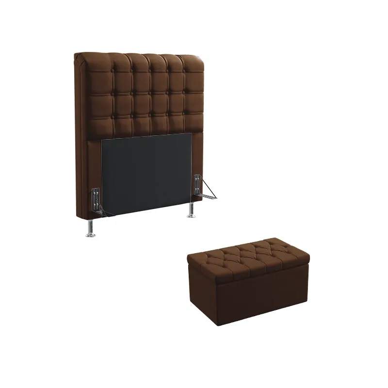 Kit Cabeceira Estofada Cama Box Dama 90 Para Cama de Solteiro e Calçadeira Sagitarius Couro Marrom Aradecor