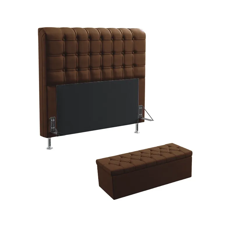 Kit Cabeceira Estofada Decorativa Rana 140 Para Cama de Casal e Calçadeira Sagitarius Couro Artificial Marrom Aradecor