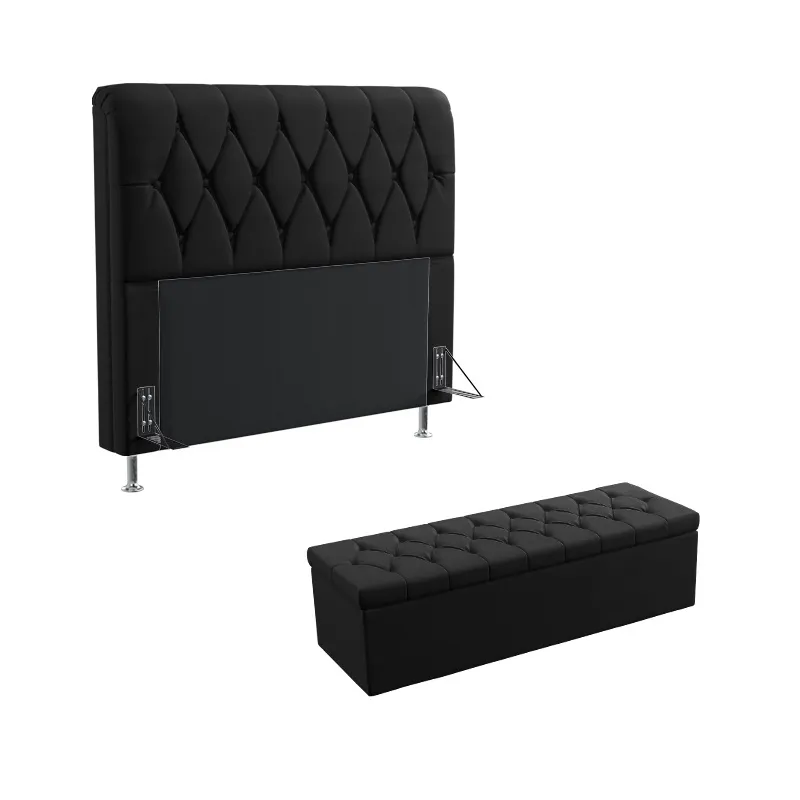 Kit Cabeceira Estofada Para Cama Box Sirius 195 Para Cama King e Calçadeira Sagitarius Couro Artificial Preto Aradecor