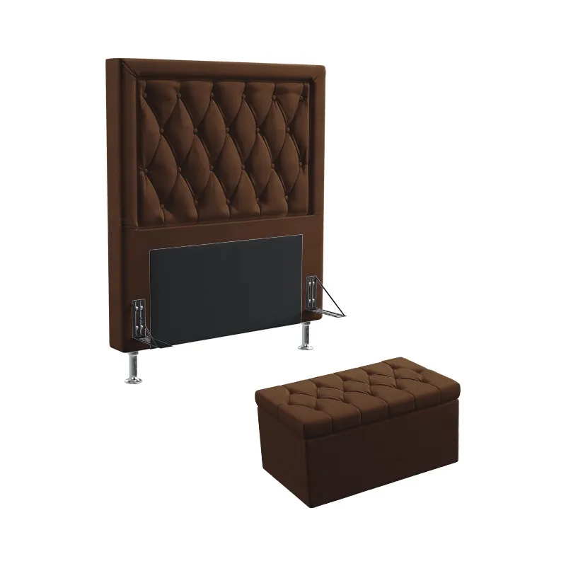 Kit Cabeceira Estofada Decorativa Centaurus 90 Cama de Solteiro e Calçadeira Sagitarius Couro Artificial Marrom Aradeco