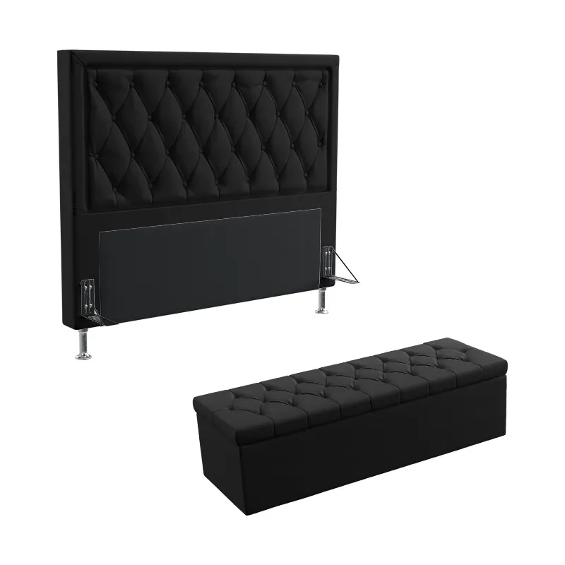 Kit Cabeceira Estofada Decorativa Cama Box Centaurus 195 Cama King Calçadeira Sagitarius Couro Artificial Preto Aradeco
