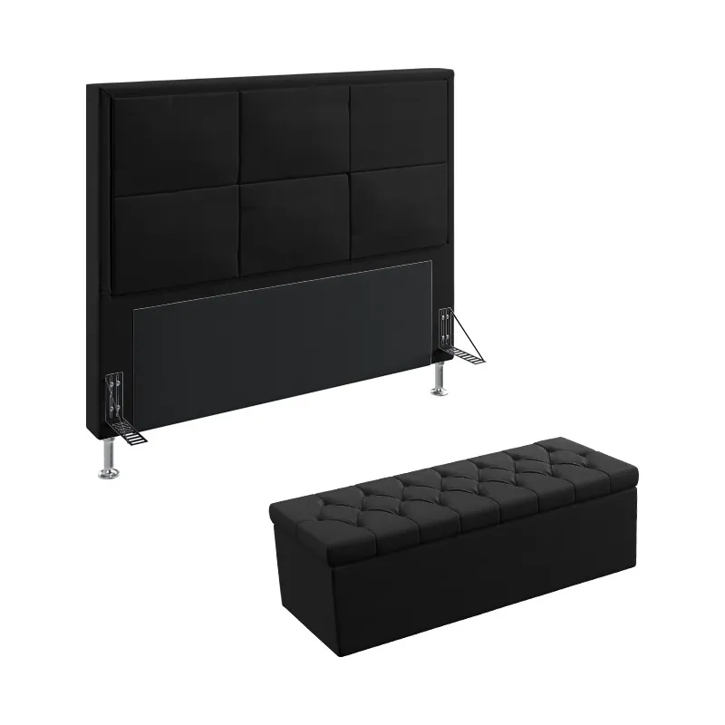 Kit Cabeceira Estofada Para Cama Box Maia 140 Para Cama de Casal e Calçadeira Sagitarius Couro Artificial Preto Aradeco
