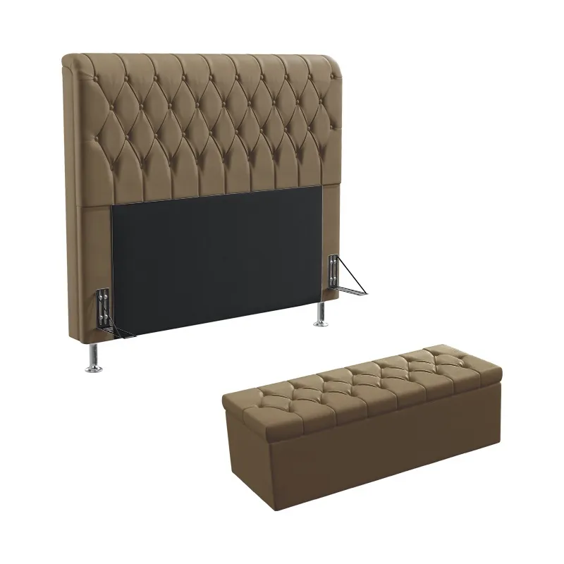 Kit Cabeceira Estofada Decorativa Bellatrix 160 Para Cama Queen e Calçadeira Sagitarius Sued Capuccino Aradecor