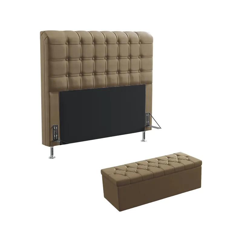 Kit Cabeceira Estofada Para Cama Box Rana 140 Para Cama de Casal e Calçadeira Sagitarius Sued Capuccino Aradecor