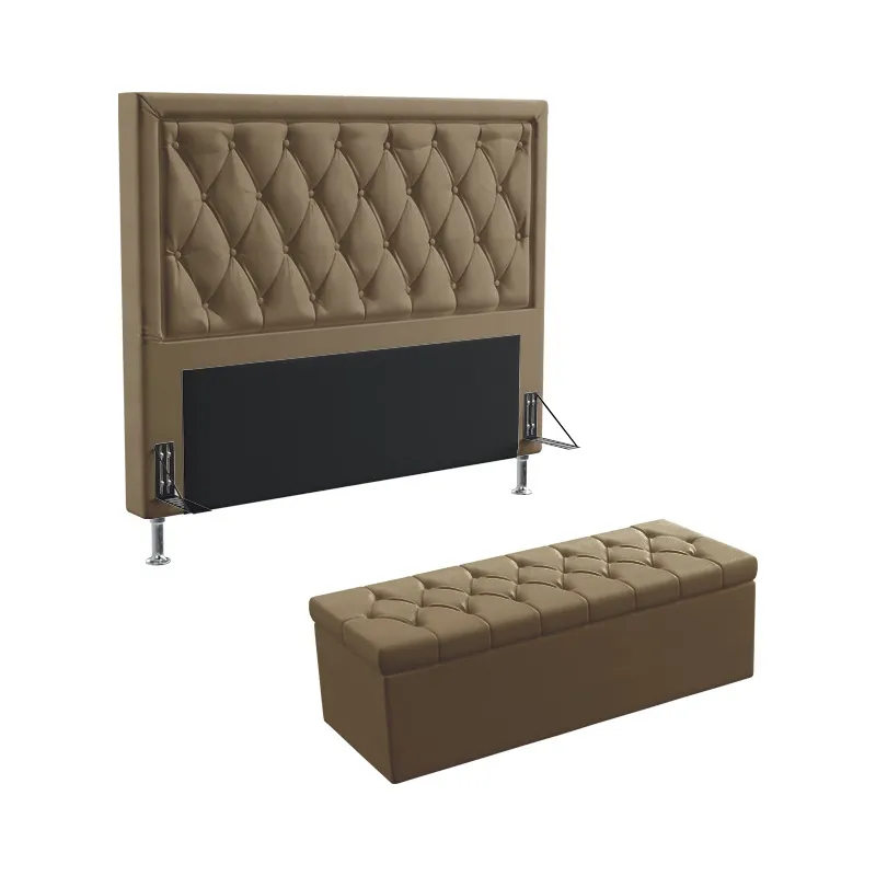 Kit Cabeceira Estofada Decorativa Centaurus 160 Para Cama Queen e Calçadeira Sagitarius Sued Capuccino Aradecor