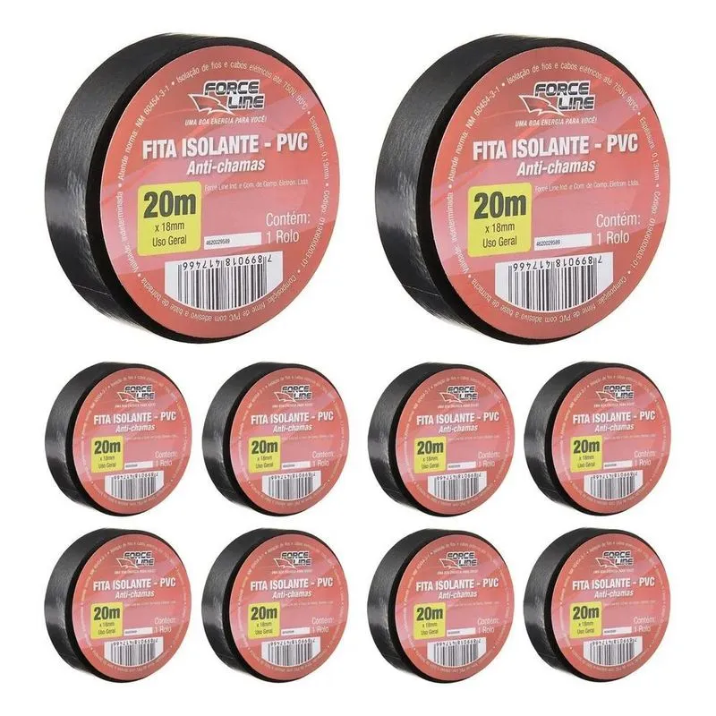 Kit 10 Rolos Fita Isolante 18mm X 20m Force Line Cor Preta A