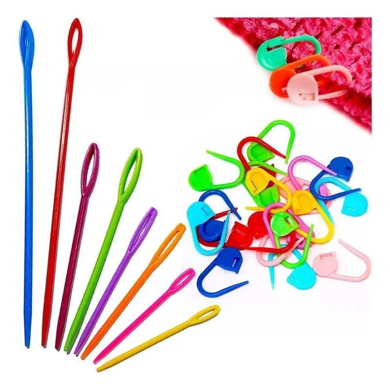 2x Kit 8 Agulhas Plásticas + 20 Marcador Tapeçaria Crochê Co