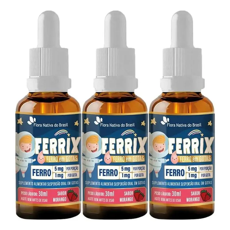 3x Ferro Em Gotas Ferrix Kids 3 X 30ml Flora Nativa
