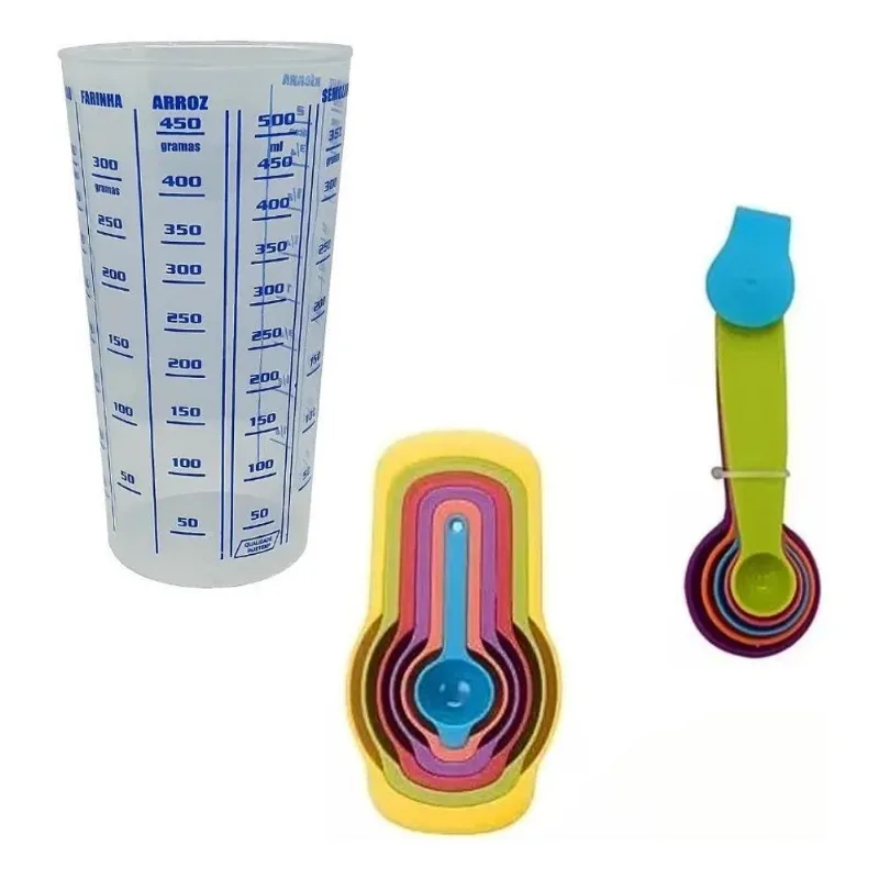 5x Kit Copo Medidor E 6 Colheres De Medidas