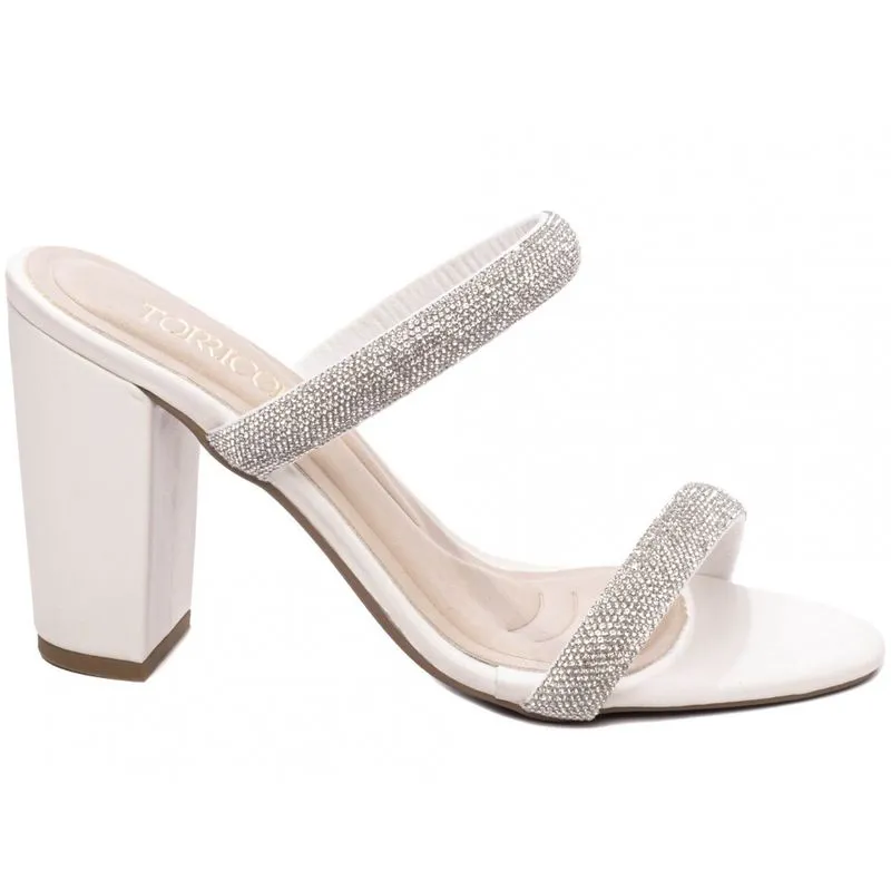 Sandália Tamanco Feminino Salto Alto Grosso Strass Off White Branco Torricella