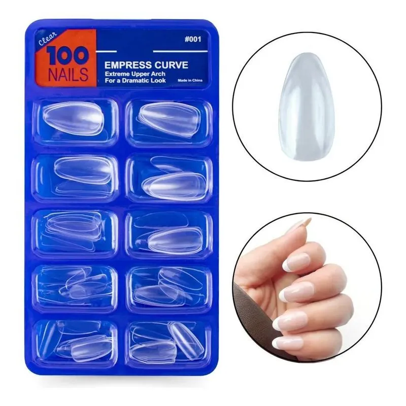 100 Unhas Postiças Almond Amendoada Curta Transparente