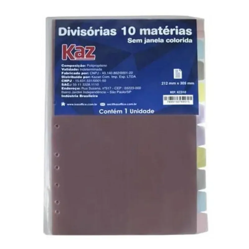 Divisoria Para Fichario Universitario 10 Div. Pvc Cores