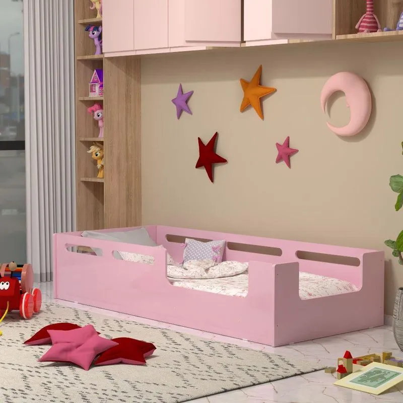 Cama Solteiro Infantil Montessori Com Proteção Lateral Amora Rosa