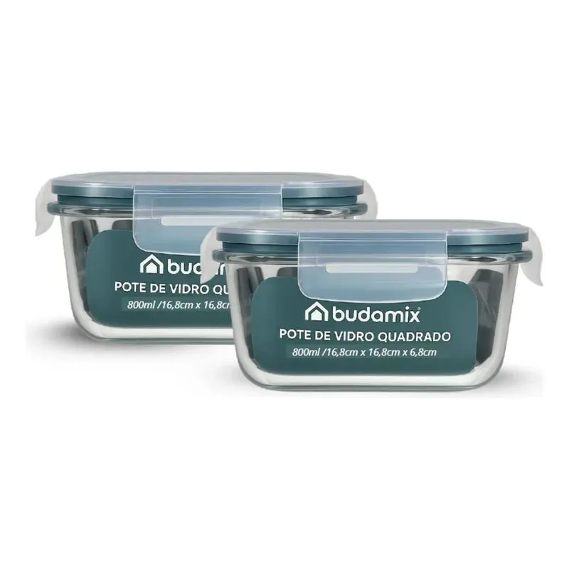 2 Potes Vidro Marmita Tampa Hermética 4 Travas Vedação 800ml