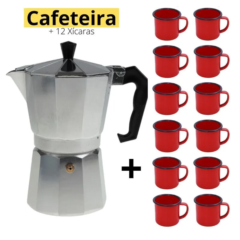 Kit Cafeteira Italiana Moka Premium + 12 Canecas Retro 350ml